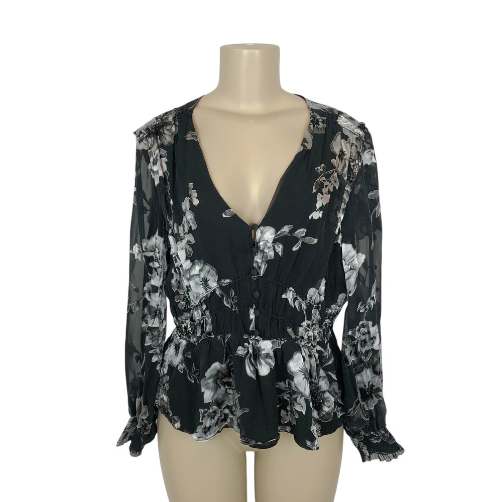 WHBM Dark Floral Velvet Burnout Peplum Blouse Top Size Large Whimsigoth Romantic